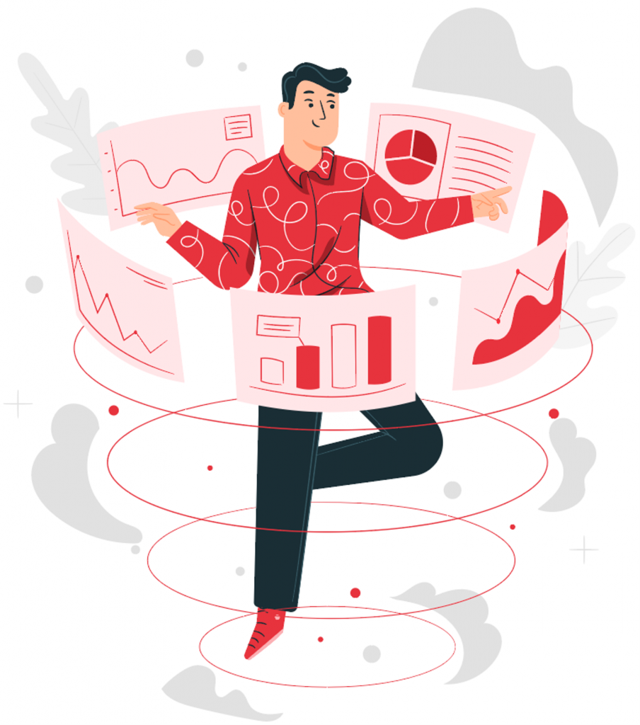 man floating between clouds surrounded by reports and charts