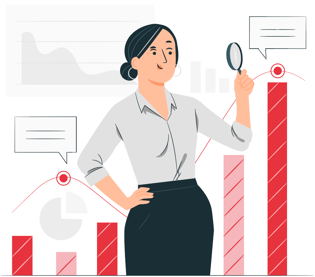 woman with magnifying glass looking at graph