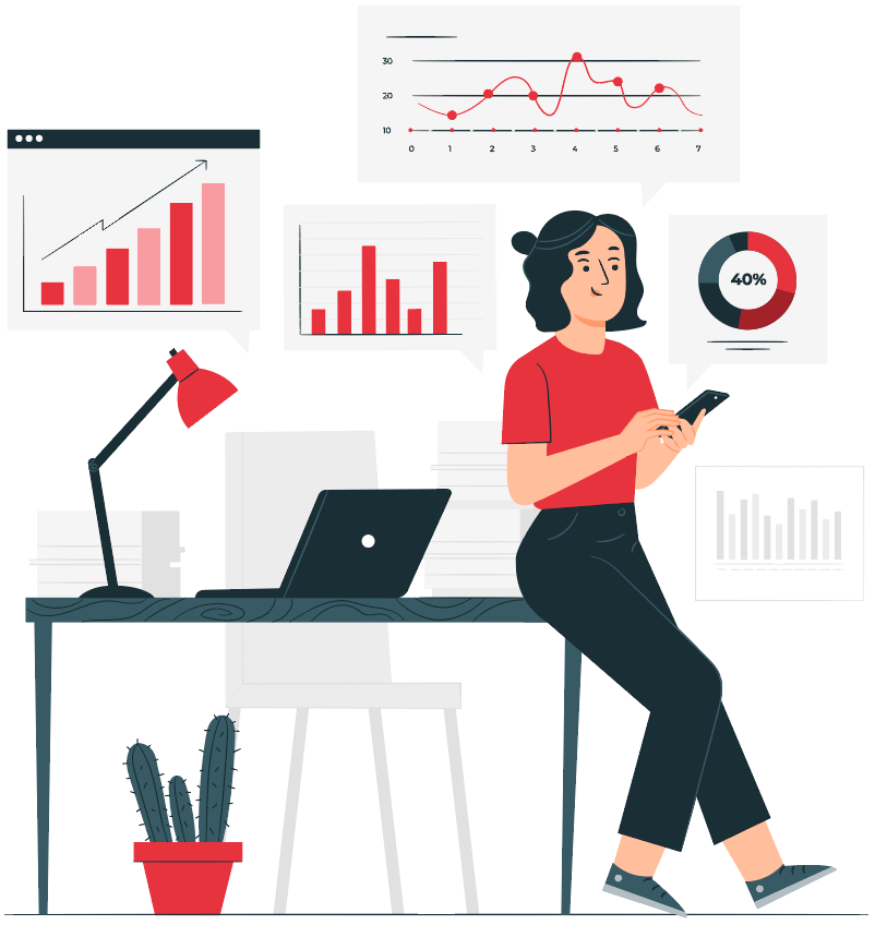 woman on phone with reports and charts