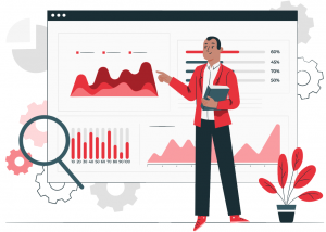 man standing in front of reports and charts
