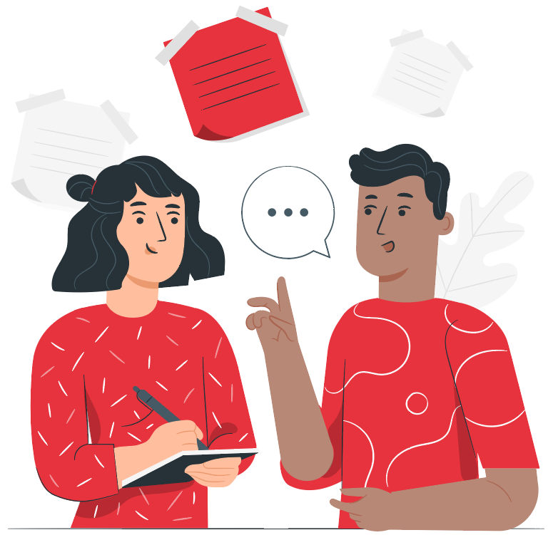 man talking to woman who is taking notes