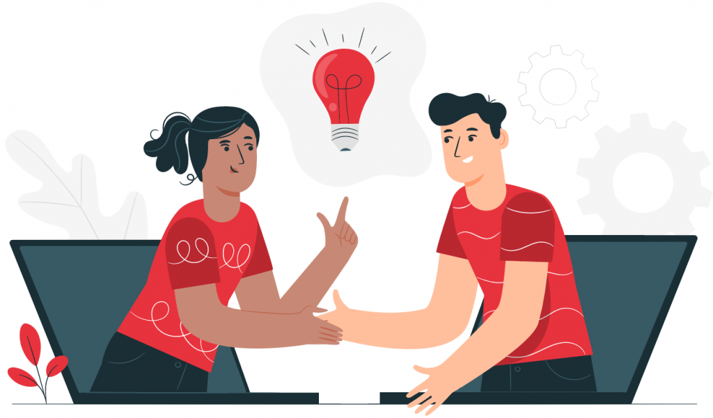 man and woman in laptop screens getting an idea together