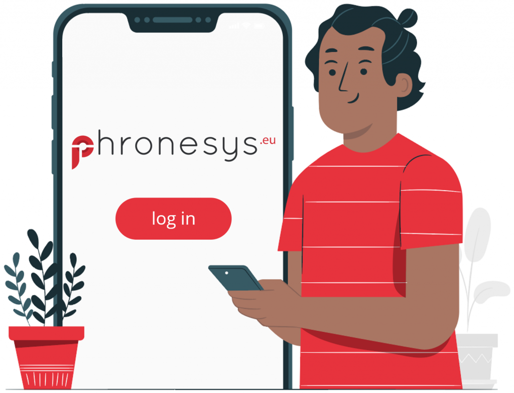 Man holding mobile phone - login screen phronesys