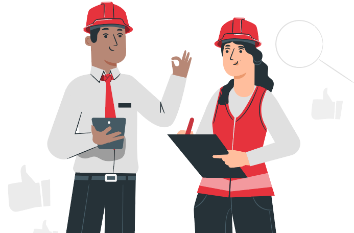 people with work helmet writing on tablet and checklist