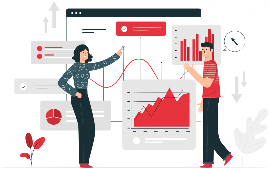 two people analysing reports and graphs going up