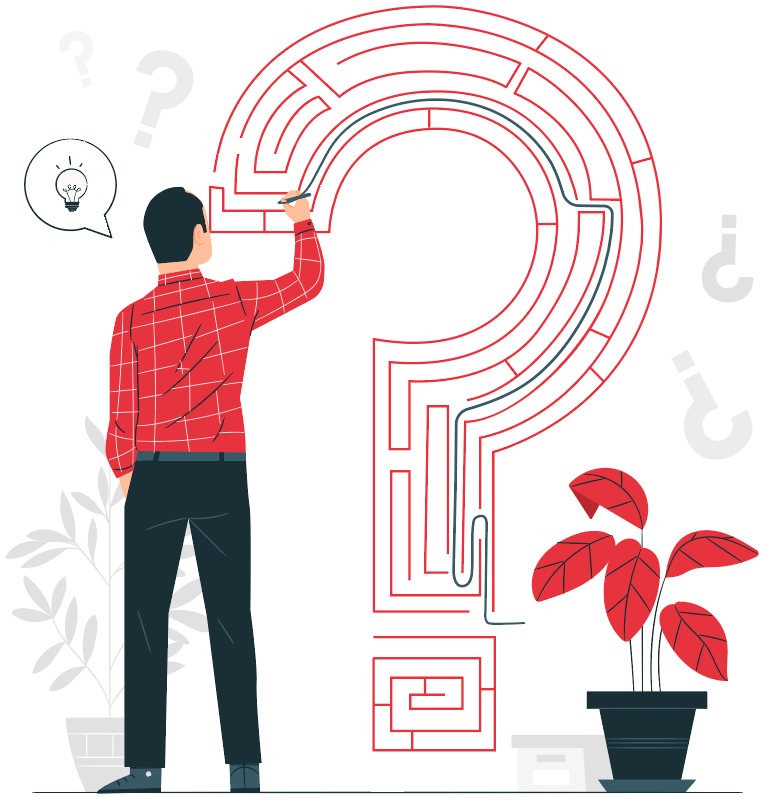 man solving big maze inside question mark